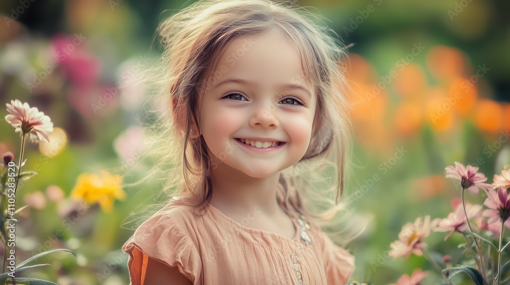Young girl joyfully smiling in a vibrant flower garden during a sunny afternoon Young girl joyfully smiling in a vibrant flower garden during a sunny afternoon