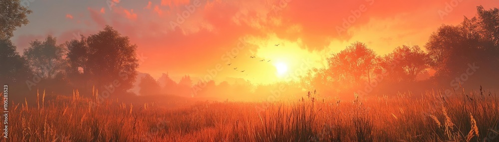 Obraz premium A sunset over the grasslands, with warm light on the tall grass