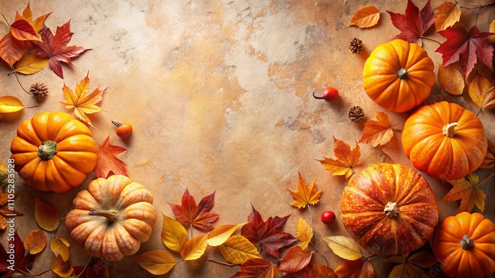 Autumnal Harvest Pumpkins and Colorful Fall Foliage Arranged on a Rustic Background Autumnal Harvest Pumpkins and Colorful Fall Foliage Arranged on a Rustic Background
