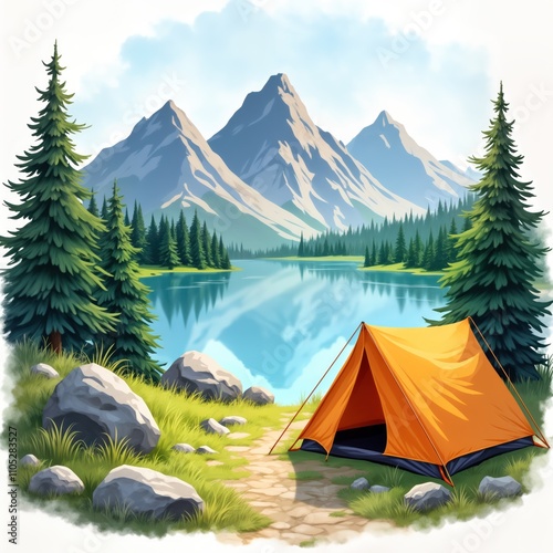 Wallpaper Mural Scenic summer camping scene by tranquil lake. Orange tent sits beside pathway in lush green grass and rocks. Mountains rise behind lake with snow-capped peaks. Peaceful outdoor nature illustration. Torontodigital.ca