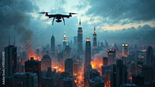 A combat drone over a burning city at night.