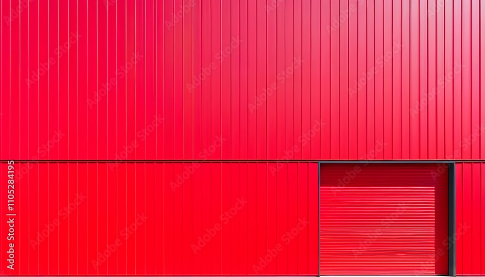 Modern industrial-style architecture features red steel garage doors contrasting against a blue sky Modern industrial-style architecture features red steel garage doors contrasting against a blue sky