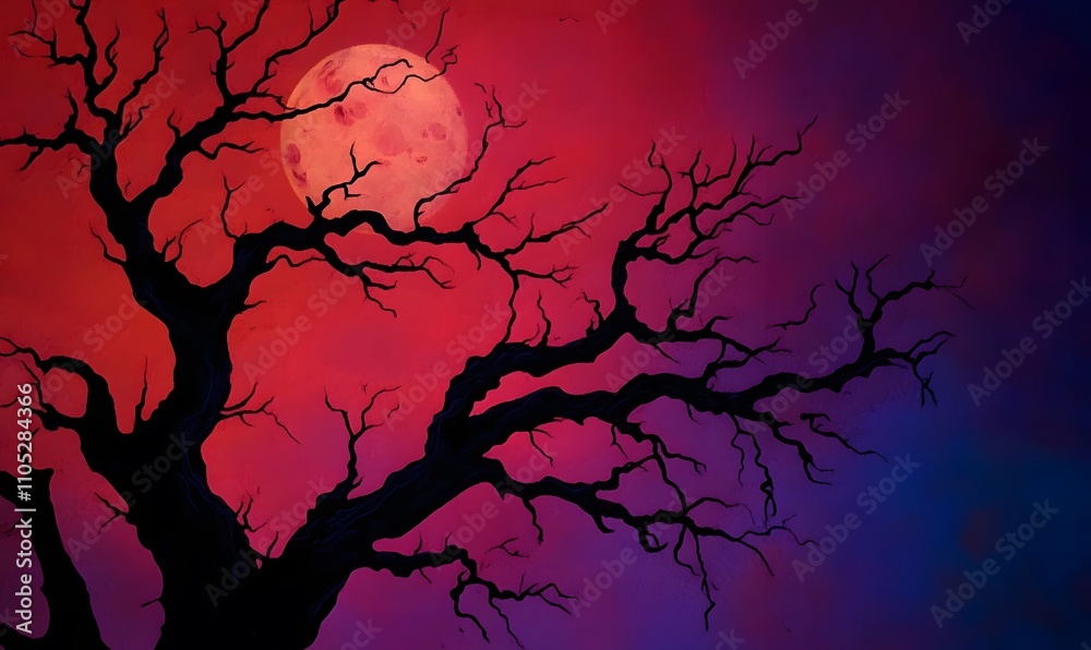 Dark sky and creepy withered tree branch silhouette, Generative AI 