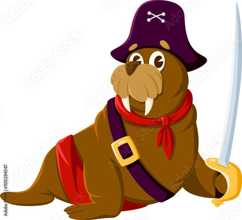 Cartoon walrus animal pirate and corsair character with a sharp sword. Isolated vector funny morse sea creature filibuster personage, wearing captain tricorn hat and holding a saber in its fin