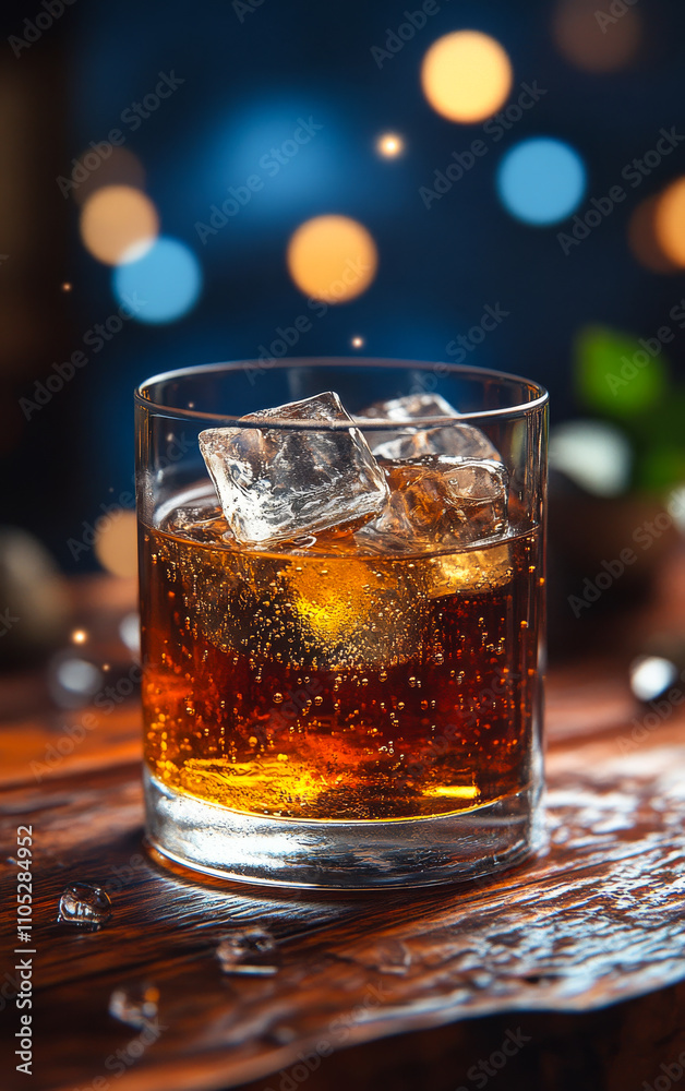 A glass of ice cold beer sits on a wooden table. The ice cubes in the glass are melting, and the liquid is brown. The scene is relaxed and casual A glass of ice cold beer sits on a wooden table. The ice cubes in the glass are melting, and the liquid is brown. The scene is relaxed and casual