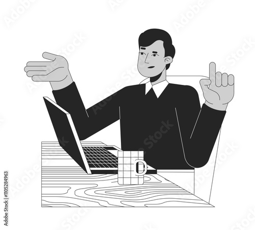 Business casual indian male employee reasoning at laptop black and white 2D line character. South asian man gesturing workplace isolated vector outline person. Monochromatic spot illustration