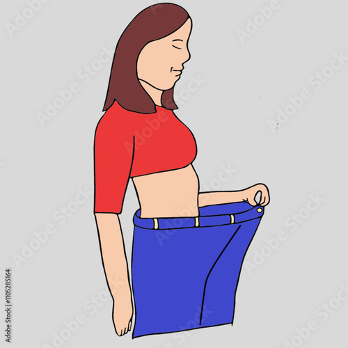 woman looking her waist after weight loss loose pant or dress showing loss of belly fat vector illustration useful for lifestyle blog and gym