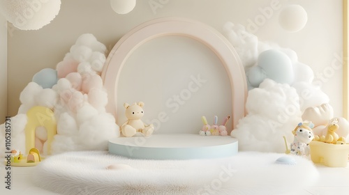 Playful children's room with soft decor and toys.