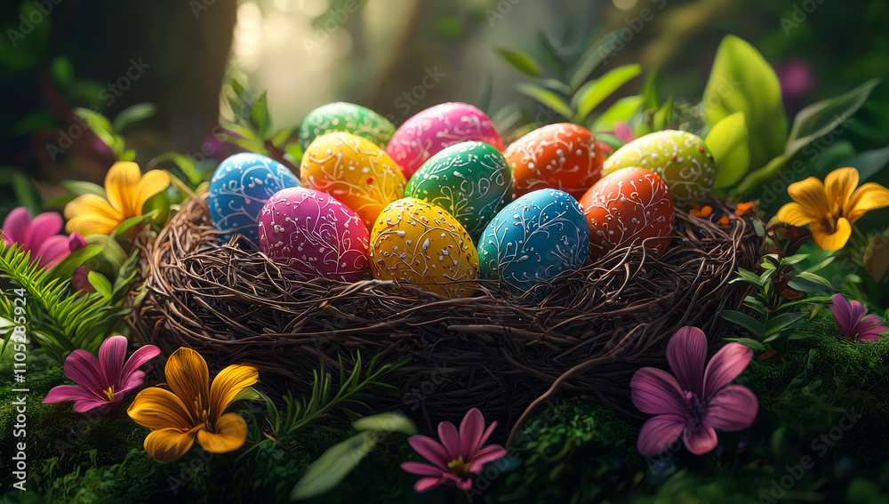 A nest of eggs with a variety of colors, including yellow, blue, and green. The nest is surrounded by flowers and plants, creating a colorful and lively scene. Concept of warmth and joy A nest of eggs with a variety of colors, including yellow, blue, and green. The nest is surrounded by flowers and plants, creating a colorful and lively scene. Concept of warmth and joy