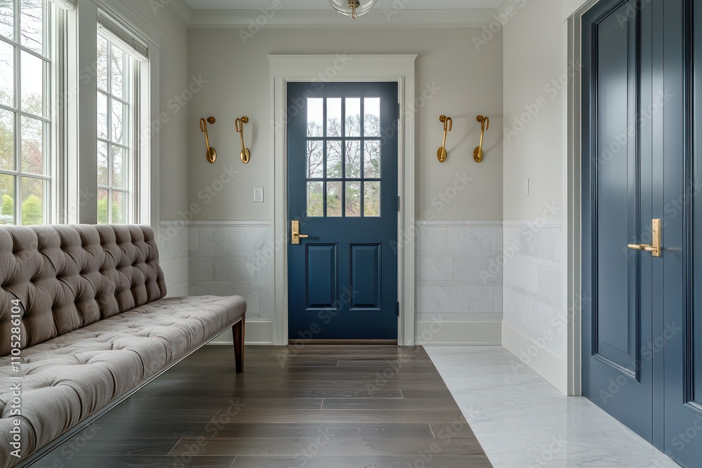 Mudroom featuring taupe bench, dark oak floors, and blue door with expansive windows. Mudroom featuring taupe bench, dark oak floors, and blue door with expansive windows.