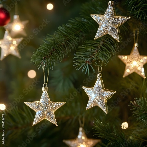 Christmas ornaments hanging on a tree branch