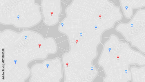 Abstract map location of nearby certified repair centers and auto buying stores. Locator position point. GPS tracking system to navigate around body shops. Vector illustration