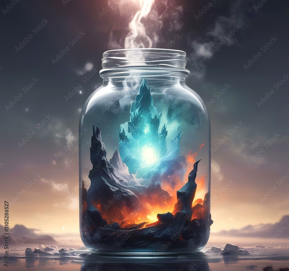 Illustration of glowing and magic dramatic smoke in jar with water reflection. Illustration of glowing and magic dramatic smoke in jar with water reflection.