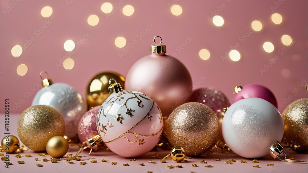 Fototapeta premium A stylish arrangement of gold, white, and pink Christmas baubles on a pink backdrop creates a festive atmosphere. Ideal for holiday greetings and new year celebrations