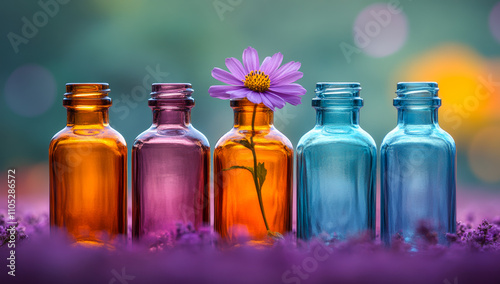 A row of colorful glass bottles with a purple flower in the middle. The bottles are of different colors, including orange, blue, and green