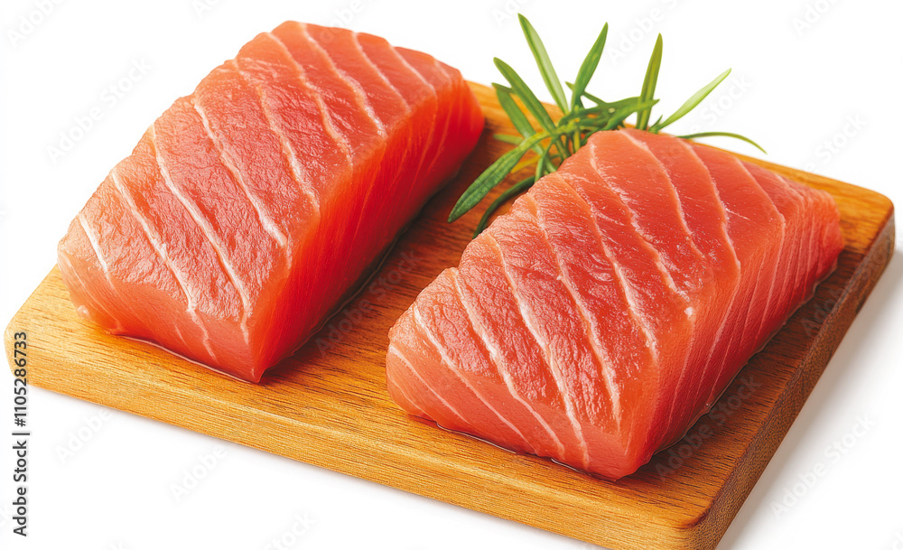 Two pieces of red fish on a wooden cutting board. The fish are cut in half and have a lot of meat. The board is brown and the fish are shiny Two pieces of red fish on a wooden cutting board. The fish are cut in half and have a lot of meat. The board is brown and the fish are shiny