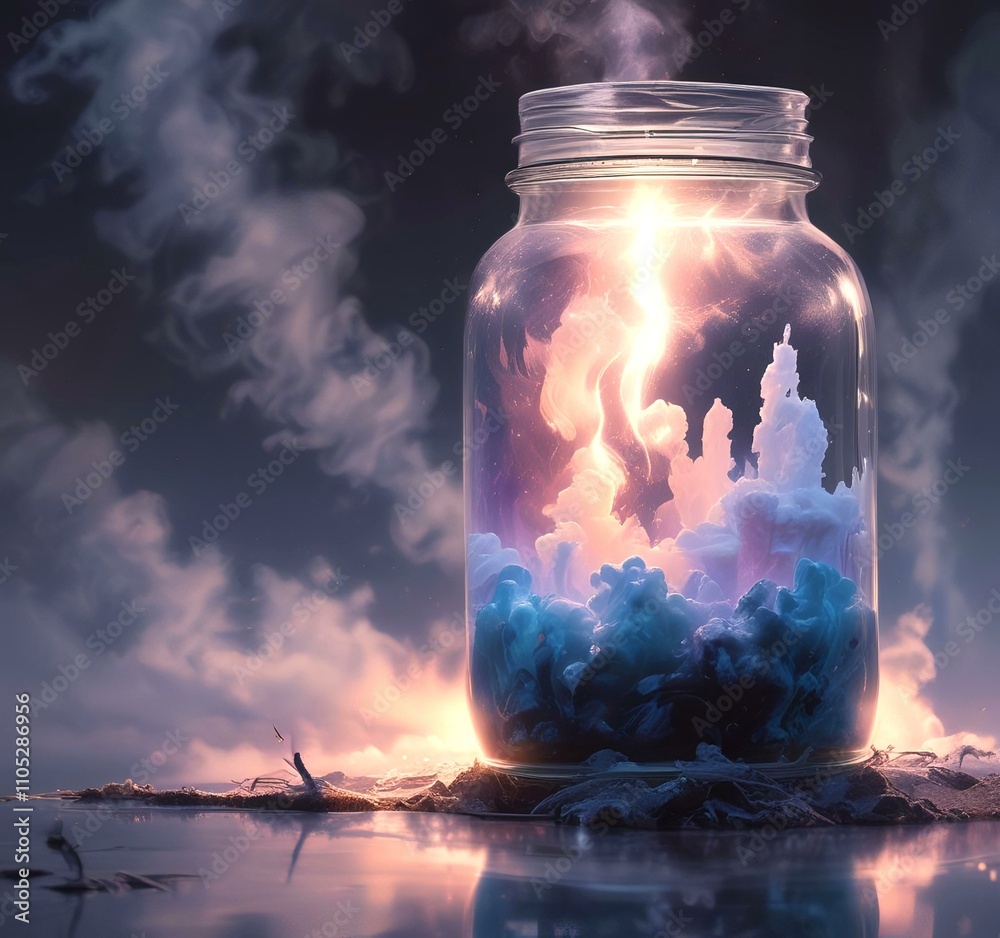 Illustration of glowing and magic dramatic smoke in jar with water reflection. Illustration of glowing and magic dramatic smoke in jar with water reflection.