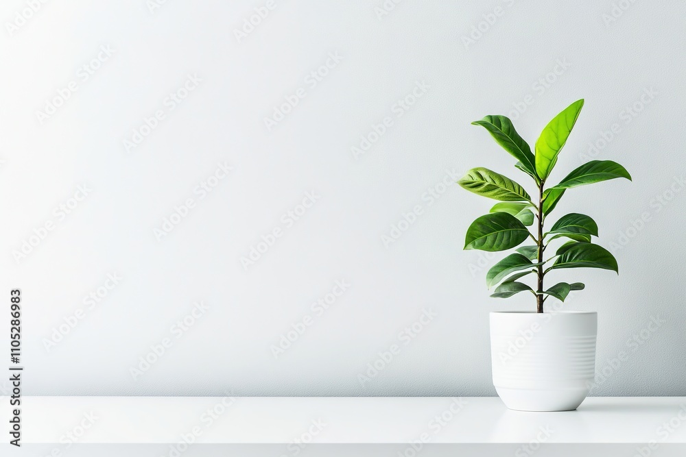 Fototapeta premium Green plant in white pot on neutral background