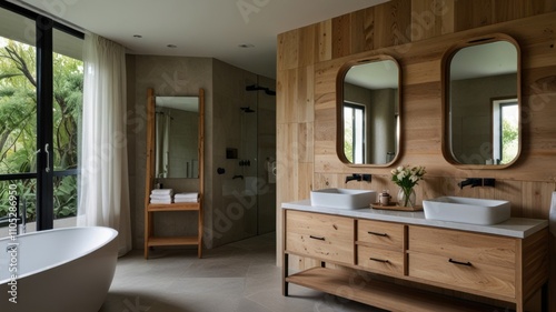 modern bathroom with white and brown wood
