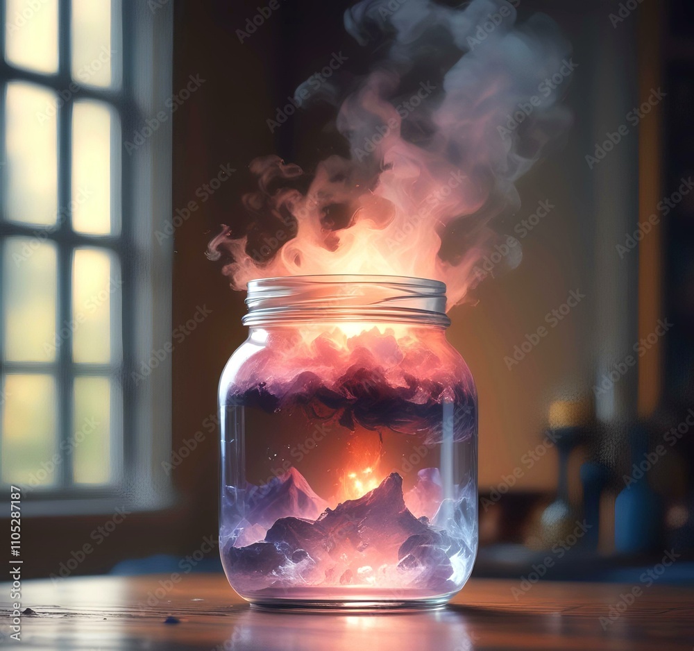 Illustration of glowing and magic dramatic smoke in jar with water reflection. Illustration of glowing and magic dramatic smoke in jar with water reflection.