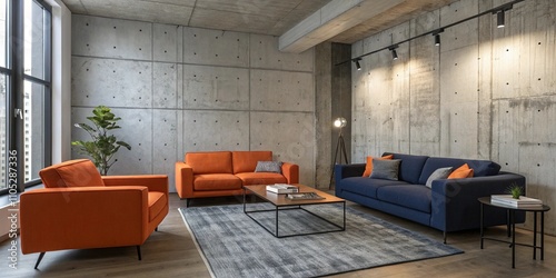 Minimalist Loft Living Room with Vibrant Orange Armchairs and a Dark Blue Sofa Against a Concrete Wall