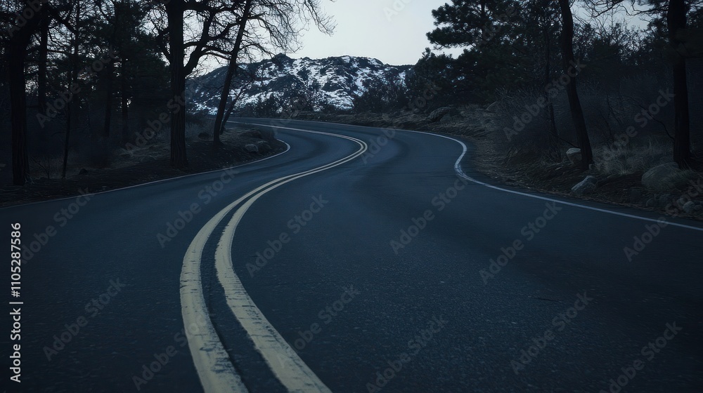 Winding Mountain Road Through Dark Trees and Snow Winding Mountain Road Through Dark Trees and Snow