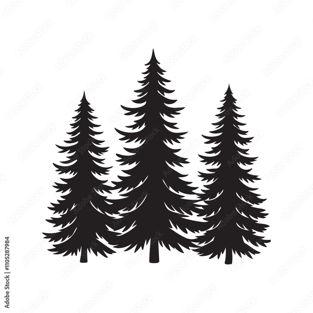 Obraz premium pine tree silhouette vector, black and white silhouette, vector and illustration isolated on white background, black and white