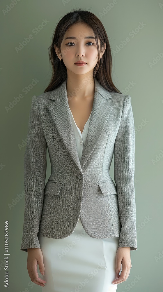 young Asian woman, professional woman in a gray suit and white skirt, dignified and elegant. young Asian woman, professional woman in a gray suit and white skirt, dignified and elegant.