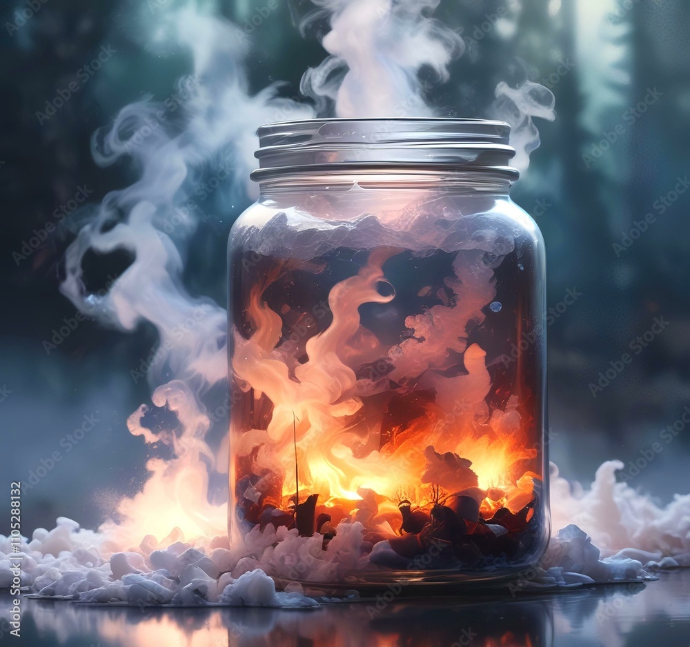 Illustration of glowing and magic dramatic smoke in jar with water reflection. Illustration of glowing and magic dramatic smoke in jar with water reflection.