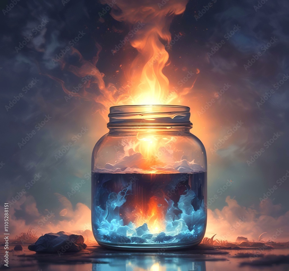 Illustration of glowing and magic dramatic smoke in jar with water reflection.