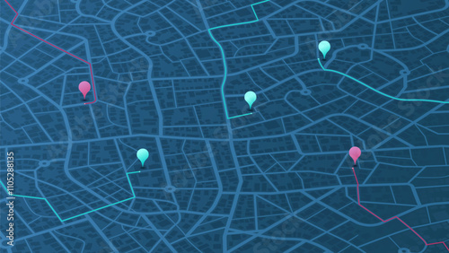 Abstract transportation background. Track navigation pins on street maps, position pin. Isometric Gps map navigation to own pin. City top view. Vector illustration