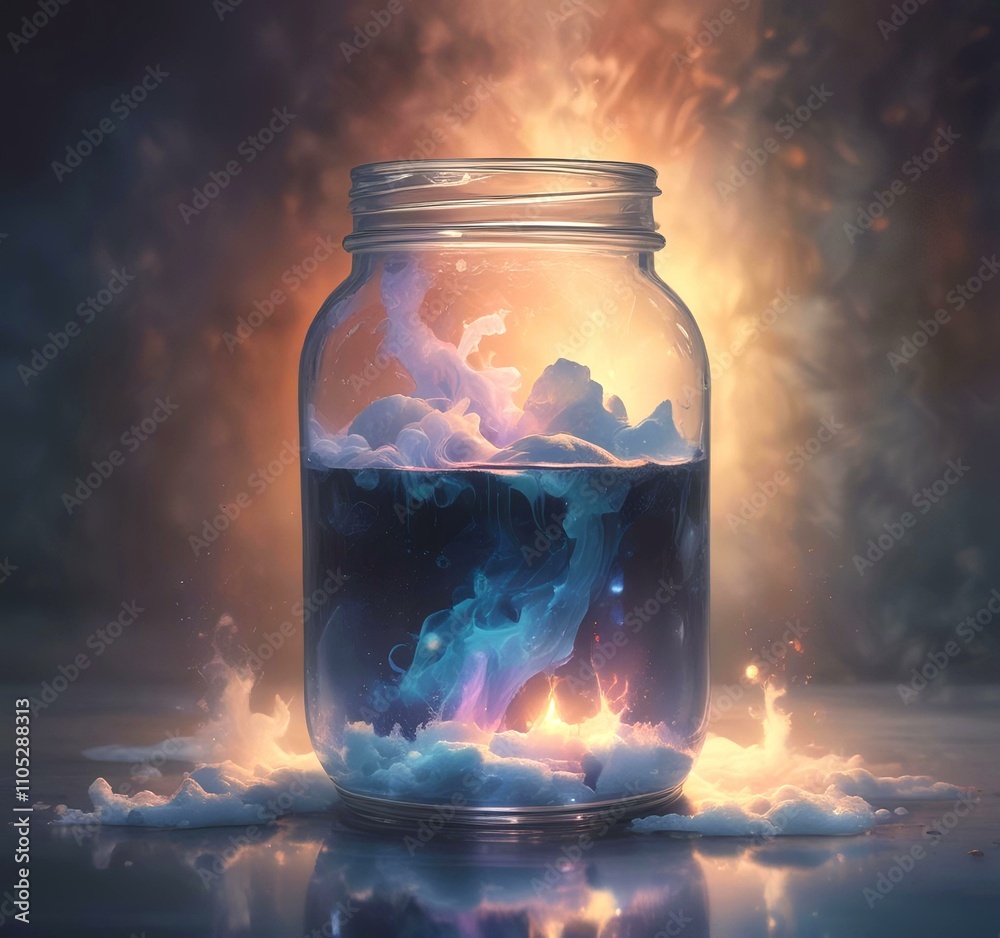 Illustration of glowing and magic dramatic smoke in jar with water reflection.
