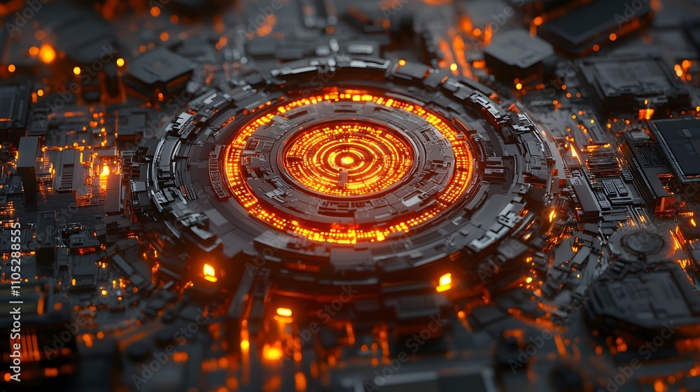 Futuristic glowing orange circuit board core. Futuristic glowing orange circuit board core.