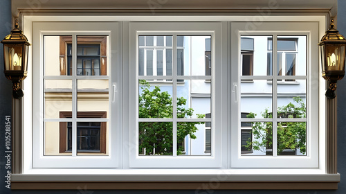 Triple-pane Window View: A Realistic 3D Rendering of a White Window Frame showcasing City Buildings and Lush Greenery, Flanked by Antique Wall Lanterns.