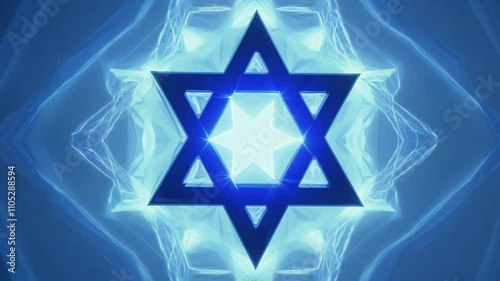 Neon glowing Star of David with intricate patterns on dark blue background. 4k Video footage