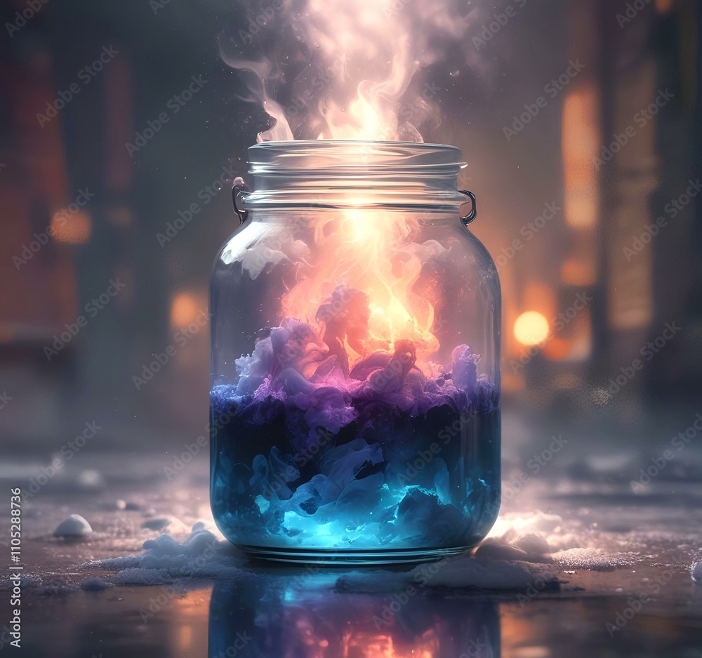 Illustration of glowing and magic dramatic smoke in jar with water reflection. Illustration of glowing and magic dramatic smoke in jar with water reflection.