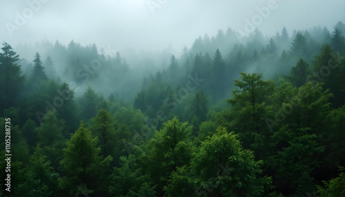 Misty Mountain Forest: An Enchanting Aerial View of Lush Evergreen Trees Shrouded in Fog, Creating a Serene and Mysterious Atmosphere