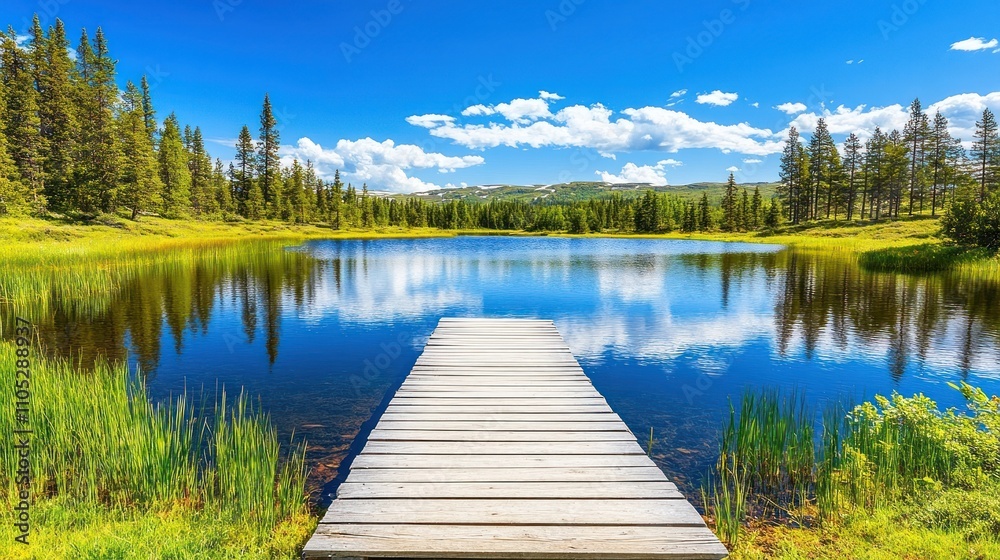 Serene Wooden Dock Leads to a Tranquil Mountain Lake Serene Wooden Dock Leads to a Tranquil Mountain Lake