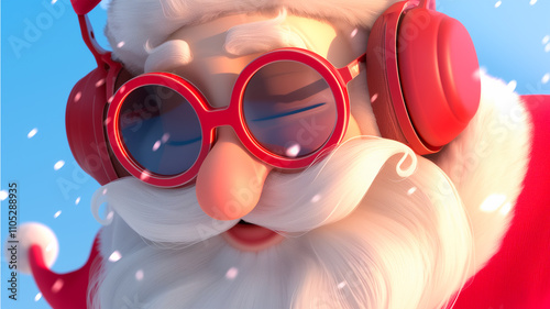 A cheerful 3D render of Santa Claus wearing oversized red sunglasses and matching headphones