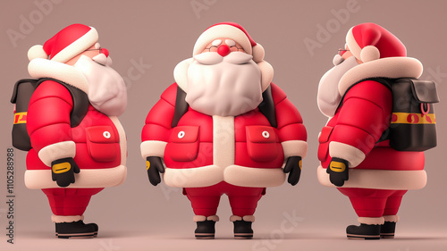 front and side view of stylized 3D render Santa Claus in a padded red winter outfit