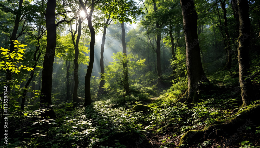 Sunbeams Dancing Through Lush Green Forest Canopy: A Serene Woodland Path Sunbeams Dancing Through Lush Green Forest Canopy: A Serene Woodland Path