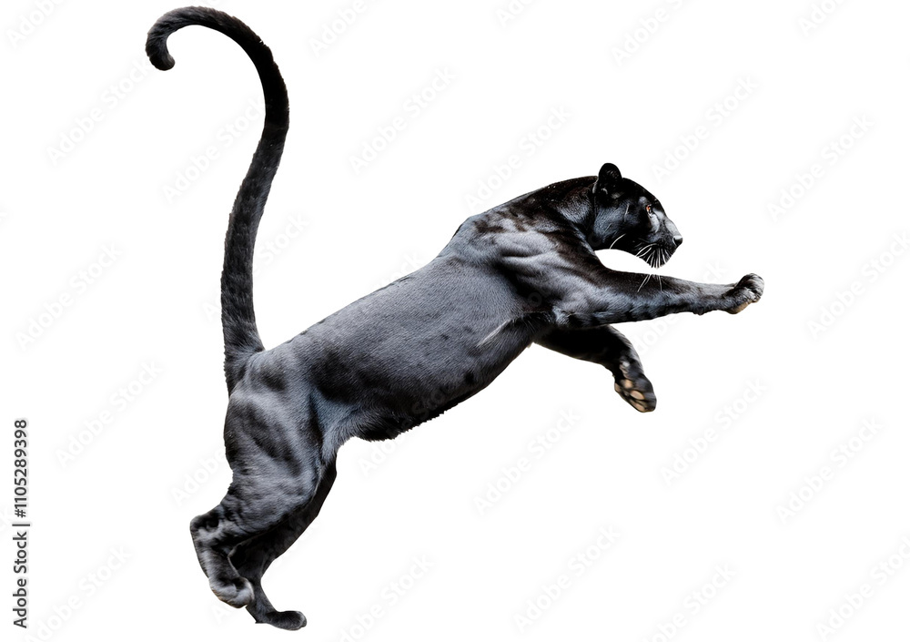 A black leopard ready to leap, panthera pardus at looking up isolated on transparent or white background A black leopard ready to leap, panthera pardus at looking up isolated on transparent or white background