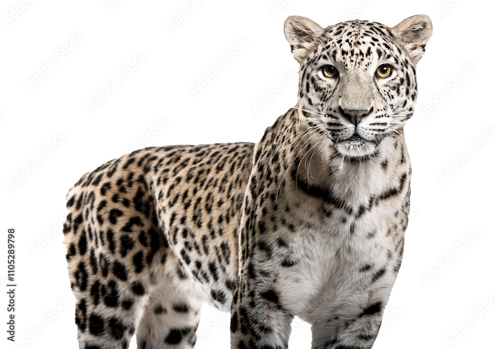 Fototapeta premium Spotted leopard standing in front and facing at the camera isolated on transparent or white background