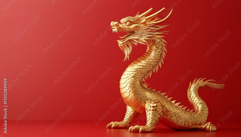 Golden Dragon Sculpture on Red Background Symbol of Prosperity, Power, and Good Fortune Golden Dragon Sculpture on Red Background Symbol of Prosperity, Power, and Good Fortune