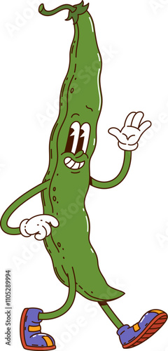 Cartoon groovy bean pod vegetable character. Isolated vector cheerful green bean pod retro personage with expressive eyes, wearing vintage sneakers, walking and waving hand with funky hippie y2k vibes