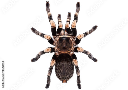 Top view of dorsal side Peacock tarantula, Poecilotheria metallica isolated on transparent or white background photo