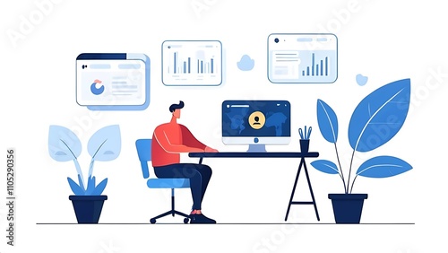 Flat illustration man is sitting at his desk in front of the computer, creating an online profile with vector illustrations on a white background business social media banner digital marketing logog,  photo