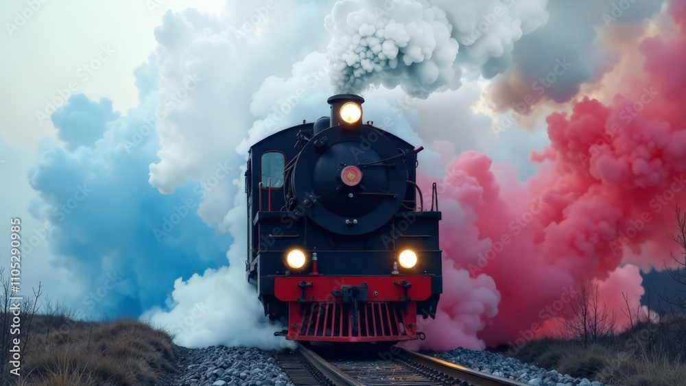 Obraz premium A train with multi-colored smoke in the colors of the Russian flag.