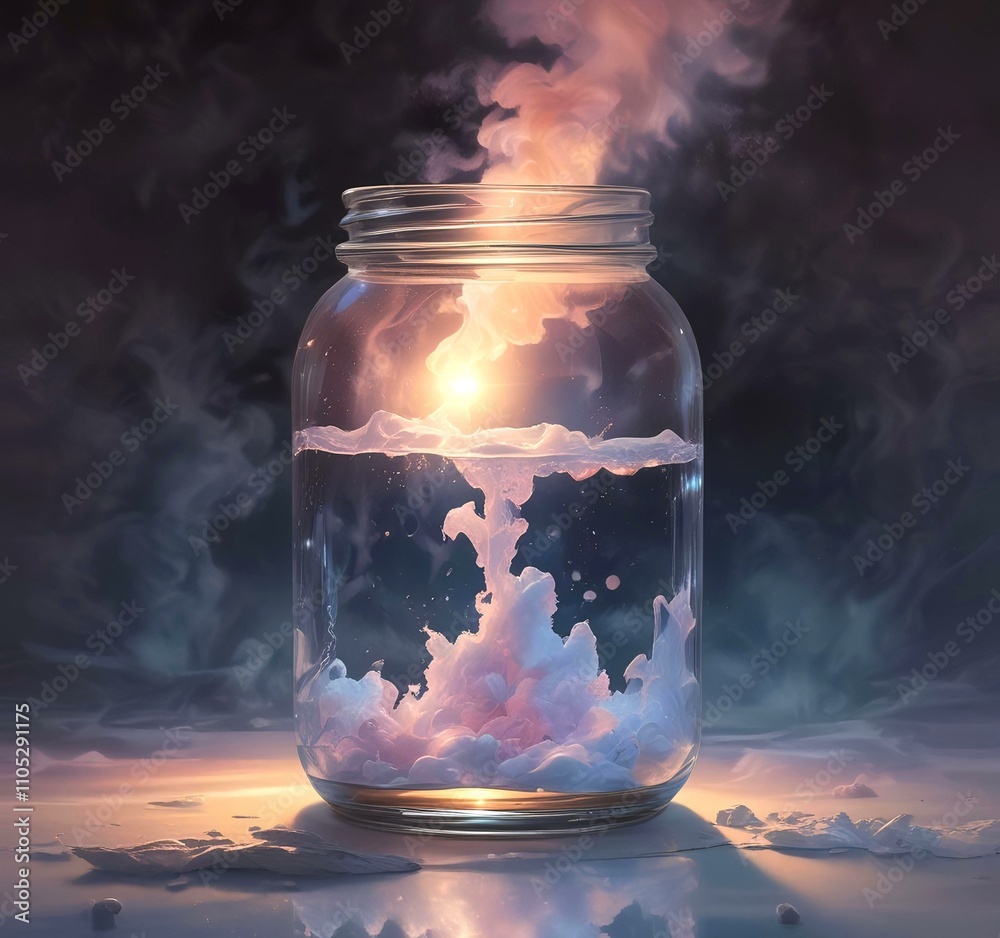 Illustration of glowing and magic dramatic smoke in jar with water reflection. Illustration of glowing and magic dramatic smoke in jar with water reflection.