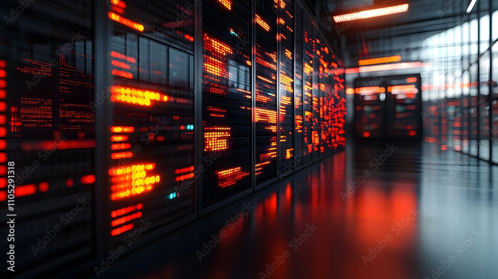 Futuristic server room with glowing data panels.